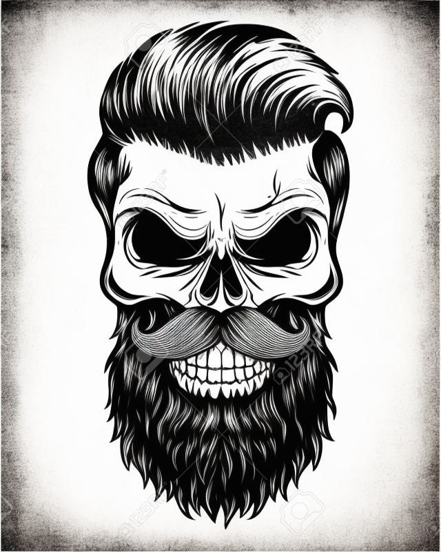 Monochrome illustration du crâne avec barbe, moustache, hippie coupe de cheveux. Isolé sur fond blanc