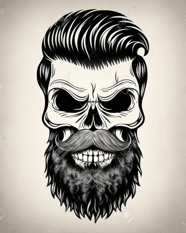 Illustrazione monocromatica del teschio con barba, baffi, taglio di capelli hipster. Isolato su sfondo bianco
