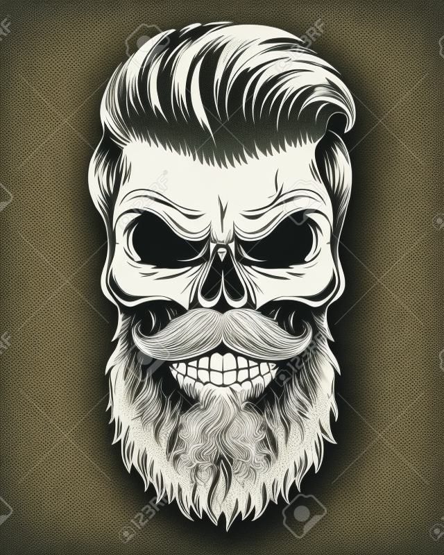 Illustrazione monocromatica del teschio con barba, baffi, taglio di capelli hipster. Isolato su sfondo bianco