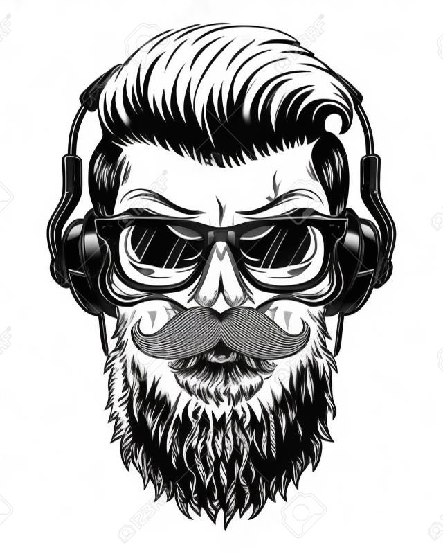 Monochrome illustration of skull with beard, mustache, hipster haircut, glasses with transparent lenses and headphones. Isolated on white background.