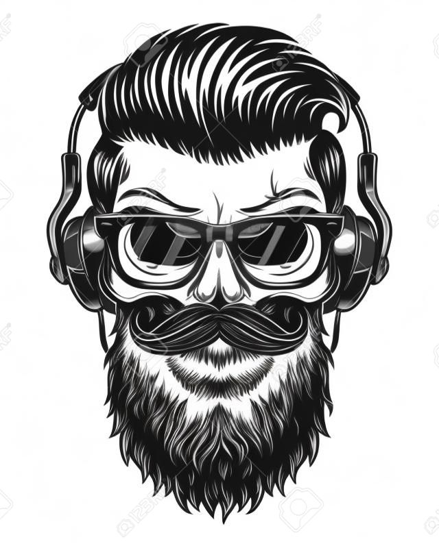 Monochrome illustration of skull with beard, mustache, hipster haircut, glasses with transparent lenses and headphones. Isolated on white background.