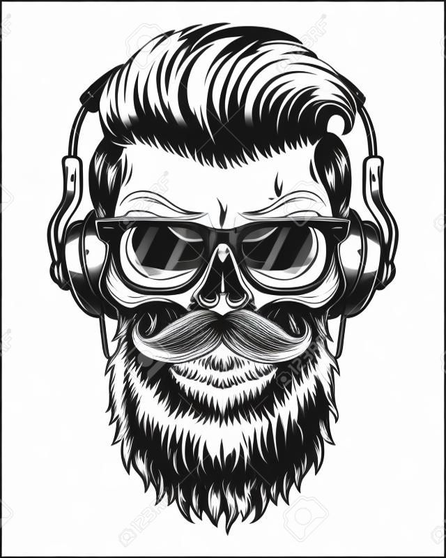Monochromatyczny ilustracja czaszki z broda, wąsy, hipster fryzury, okulary z przezroczystymi soczewkami i słuchawek. Pojedynczo na białym tle.