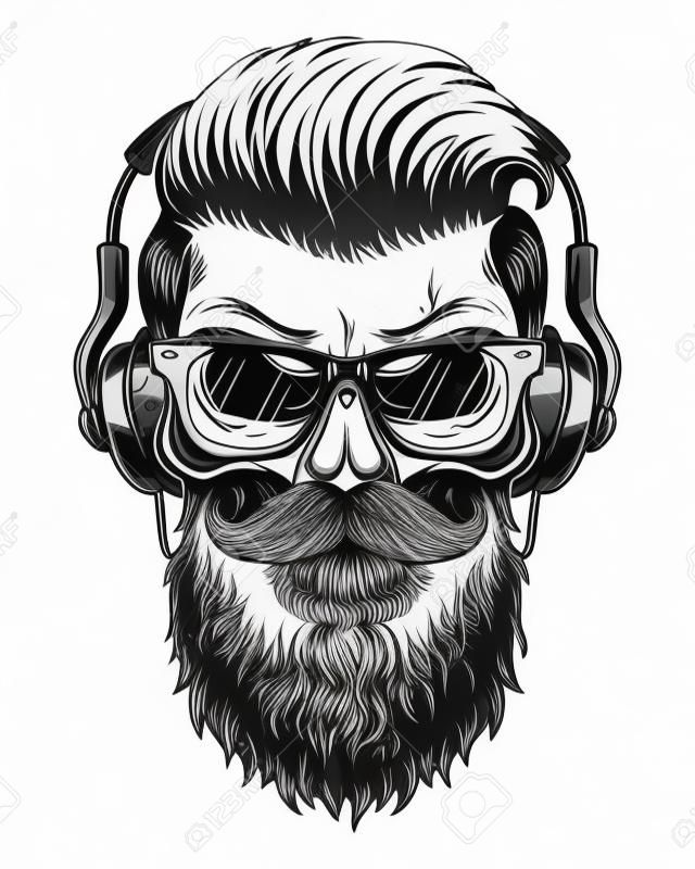 Monochromatyczny ilustracja czaszki z broda, wąsy, hipster fryzury, okulary z przezroczystymi soczewkami i słuchawek. Pojedynczo na białym tle.