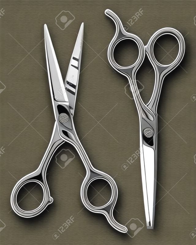 Monochrome illustration of chrome barber scissors. Isolated on white background