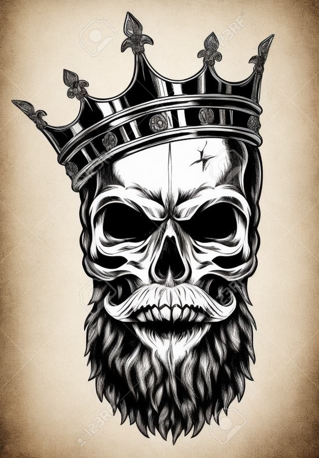 Illustration of black and white skull in crown with beard isolated on white background