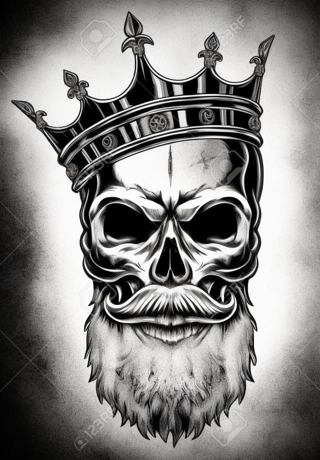 Illustration of black and white skull in crown with beard isolated on white background