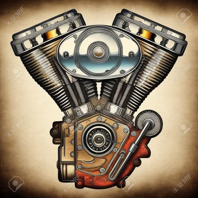 Illustration of vintage custom motorcycle, chopper engine.