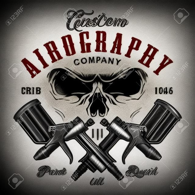 Custom aerography company emblem with spray guns and skull face.