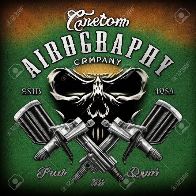Custom aerography company emblem with spray guns and skull face.