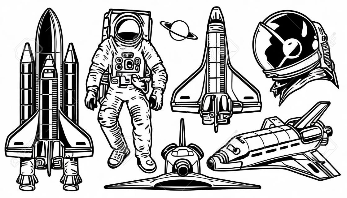 Set van vector monochrome van de ruimte. Elementen van het ontwerp op een witte achtergrond. Vector illustratie.