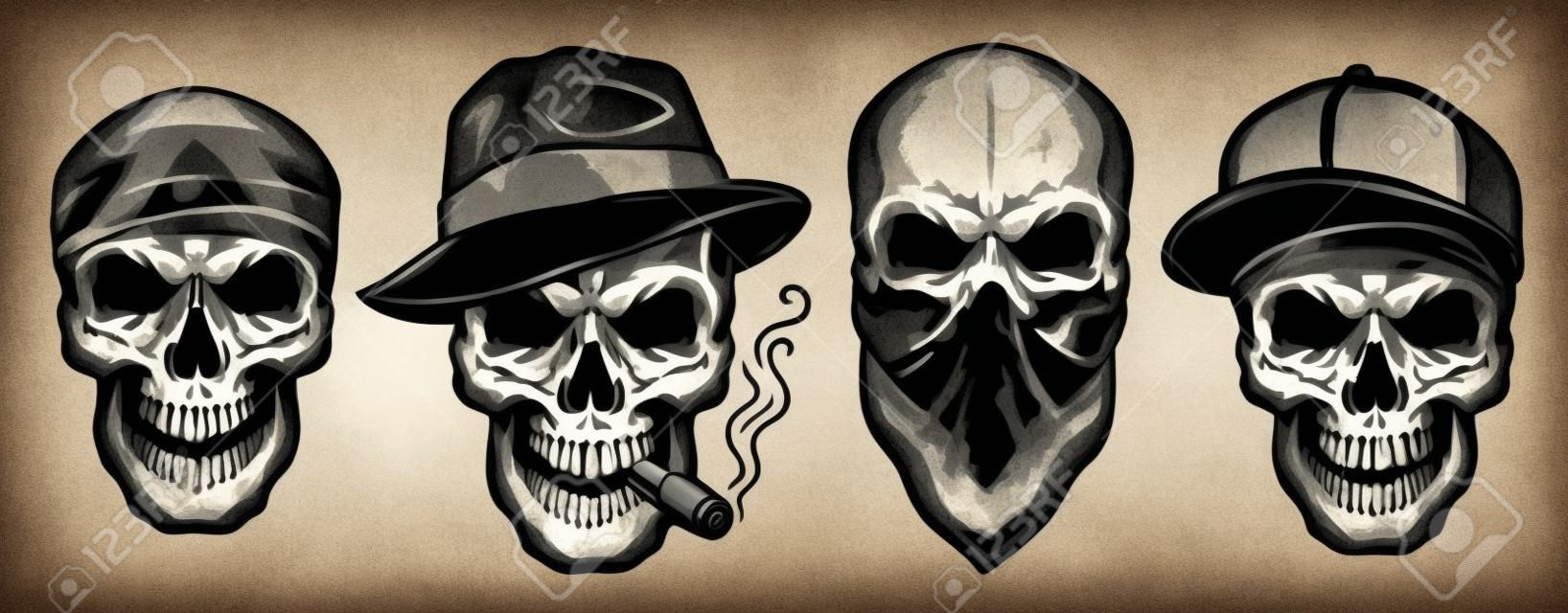 Skulls in monochrome vintage style, gangsters and mafia set. Vector illustration.
