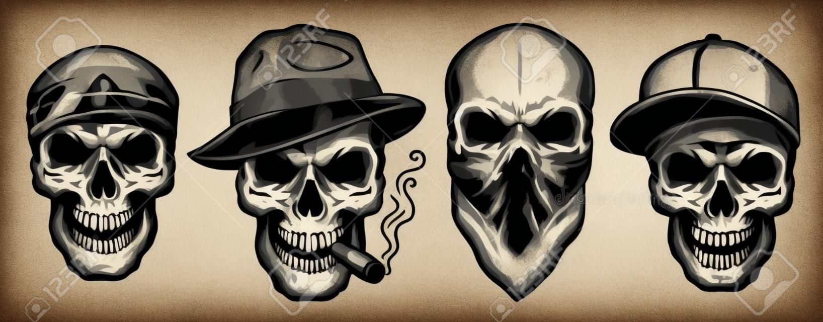 Calaveras en monocromo estilo vintage, gángsters y mafia. Ilustración de vector.