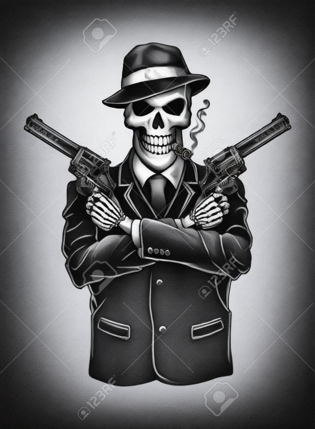 Gángster esqueleto con revólveres
