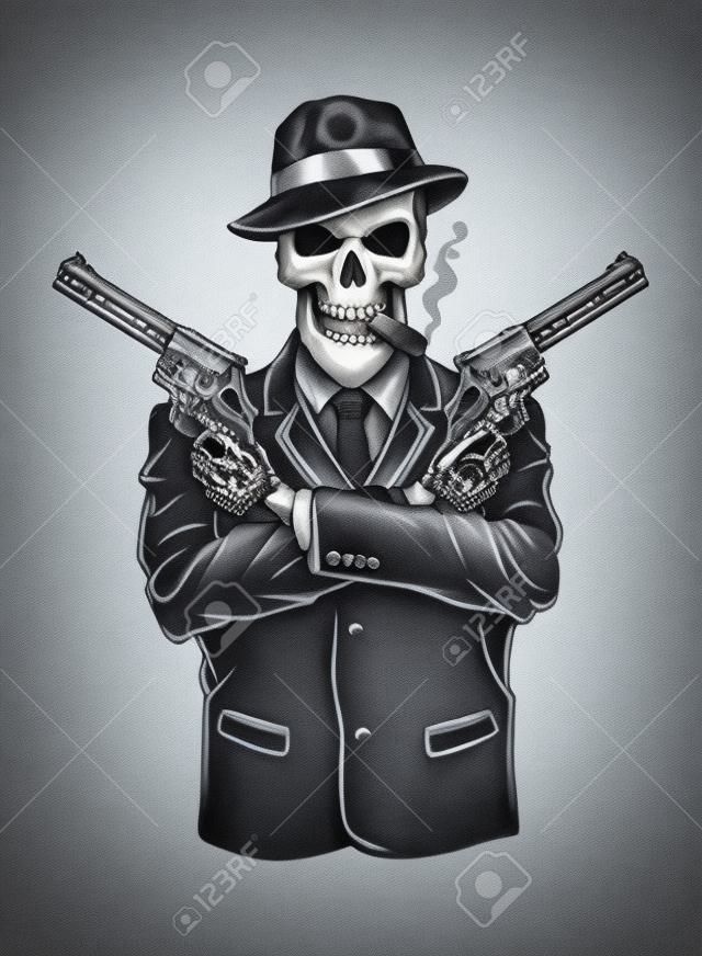Gángster esqueleto con revólveres
