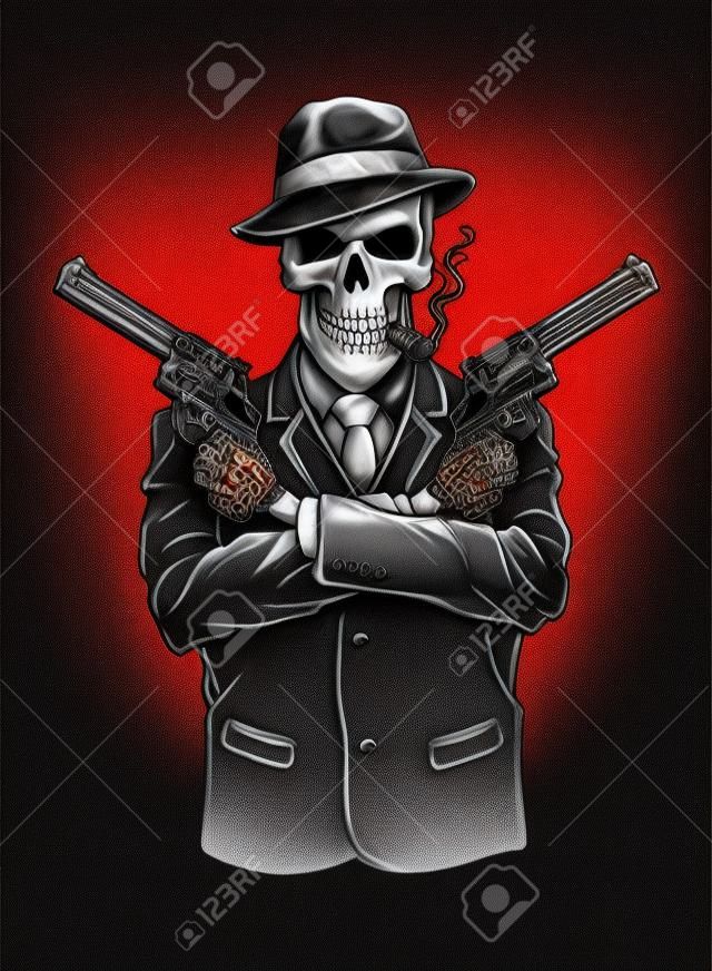Skeleton gangster with revolvers