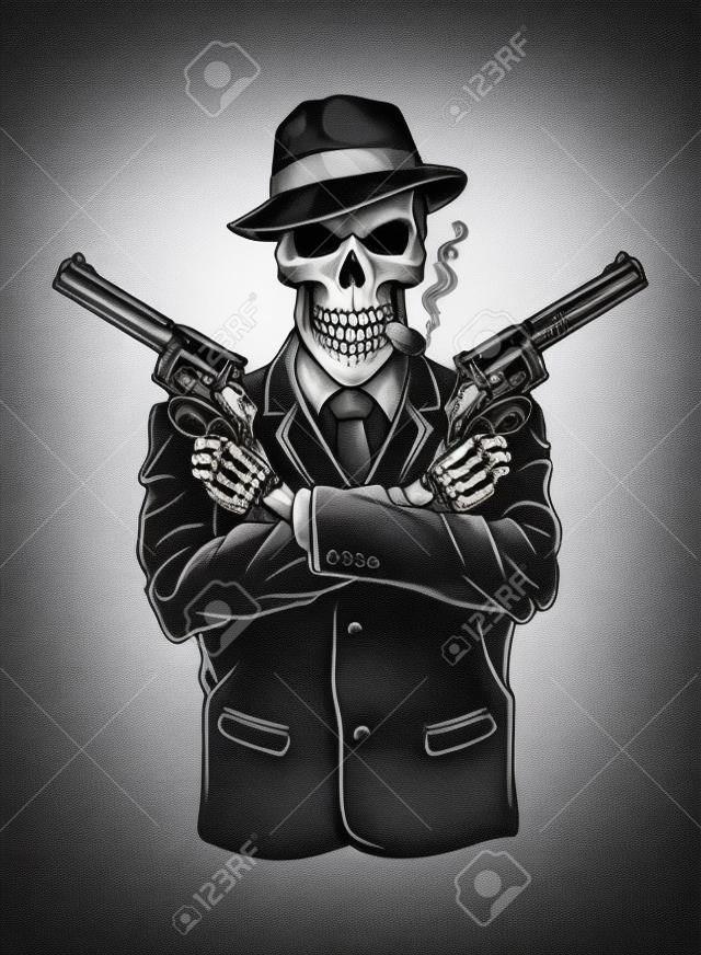Скелет-гангстер с револьверами