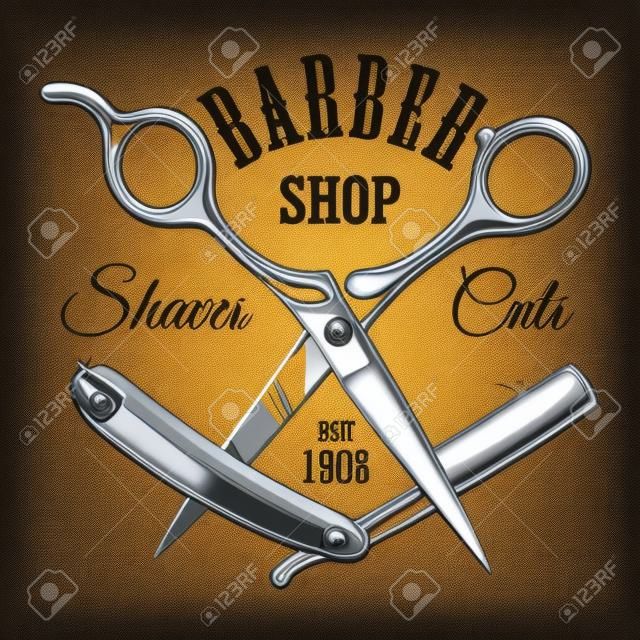 Rótulo de salão de cabeleireiro vintage com tesoura de barbeiro e lâmina de barbear isolado ilustração vetorial