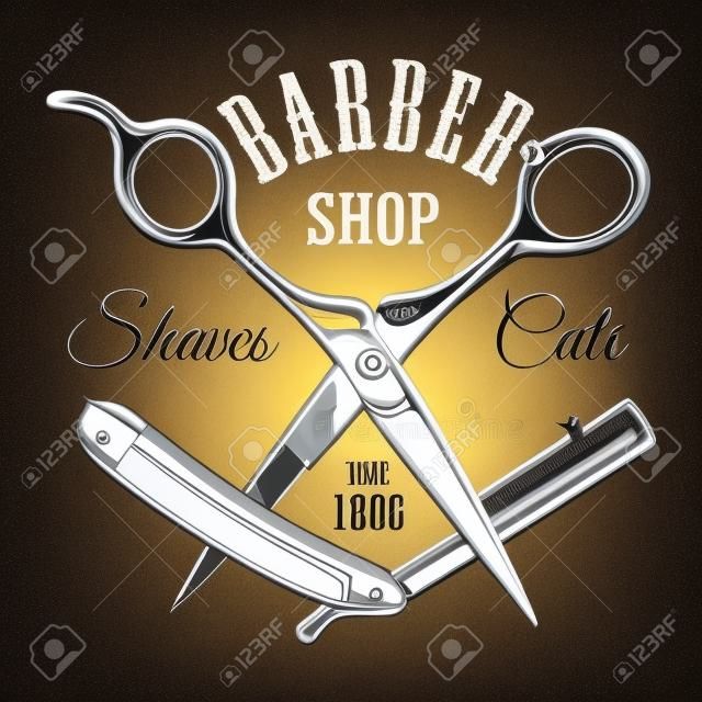 Etichetta del salone di parrucchiere vintage con forbici da barbiere e illustrazione vettoriale isolato lama di rasoio