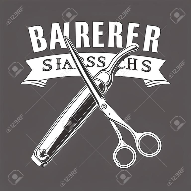 Vintage monochrome barbershop with crossed scissors and razor isolated vector illustration