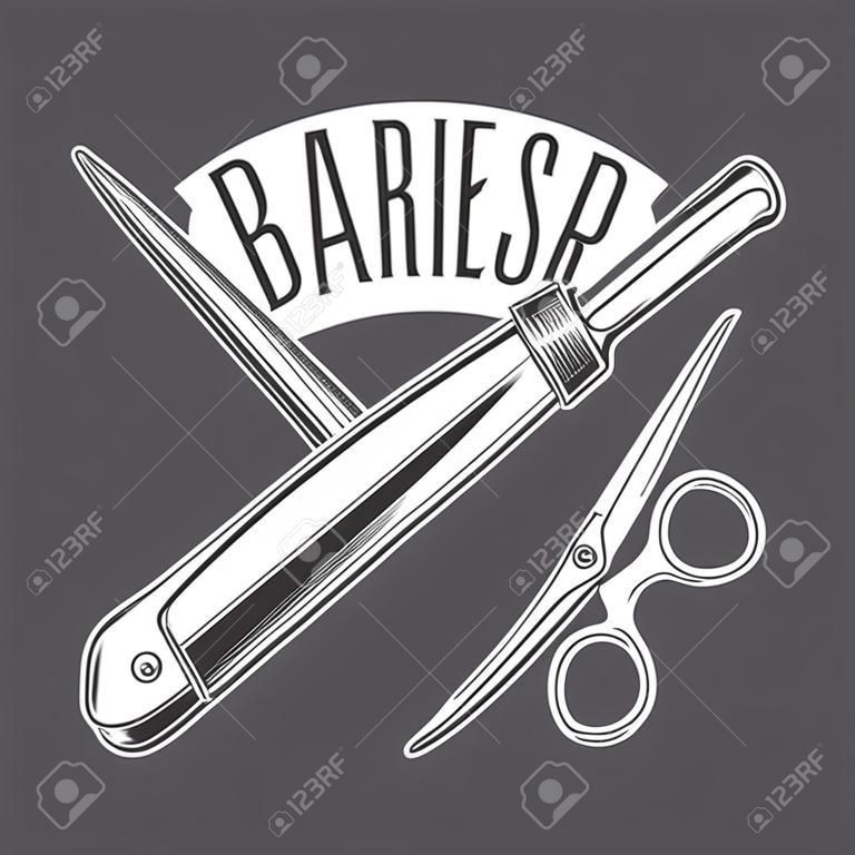 Barbiere monocromatico vintage con forbici incrociate e illustrazione vettoriale isolato rasoio