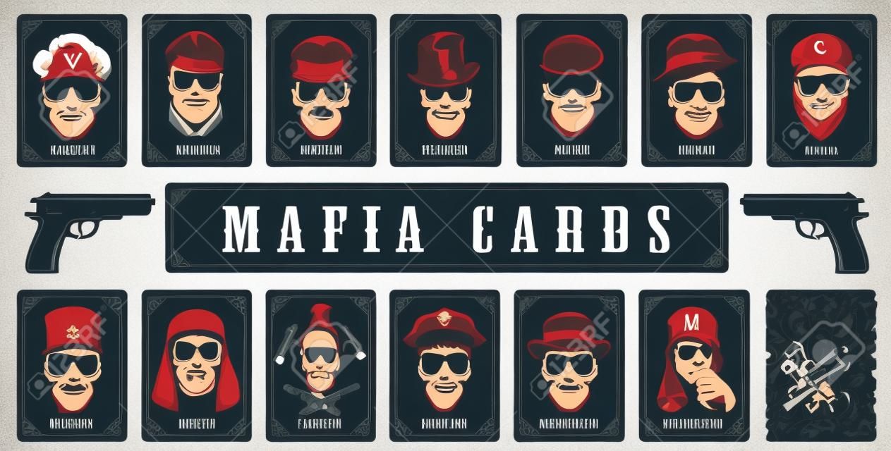 マフィアゲームのためのカード。ベクトルの図