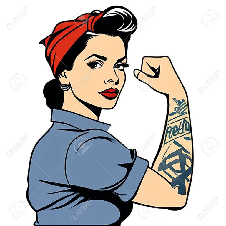 Pin up girl fuerte hermosa colorida con tatuaje en el brazo en estilo vintage aislado ilustración vectorial