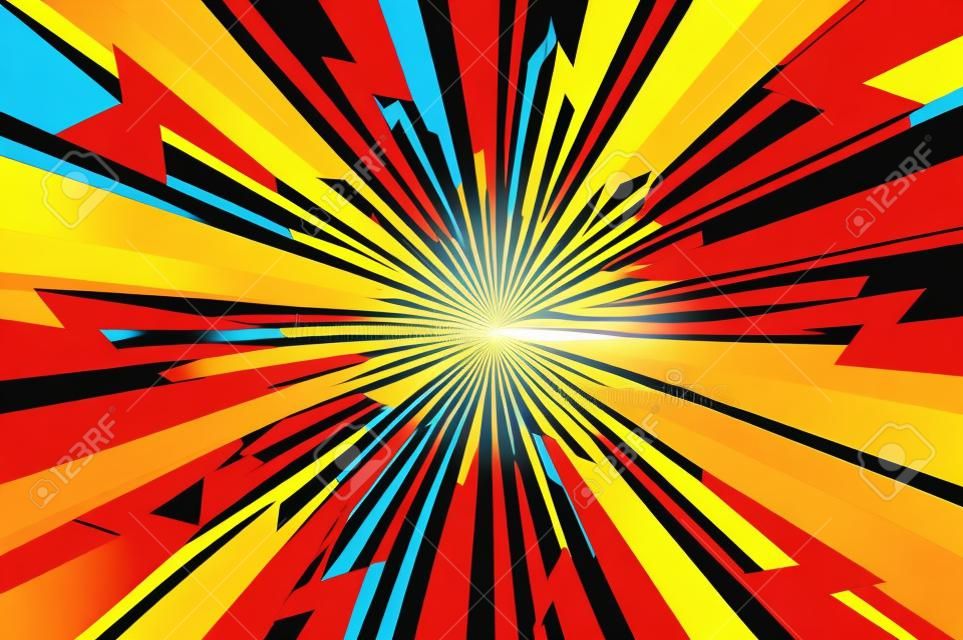 Comic abstrakten hellen Hintergrund mit gelben Blitzen Halbton rot radialen Humor Effekte Vektor-Illustration