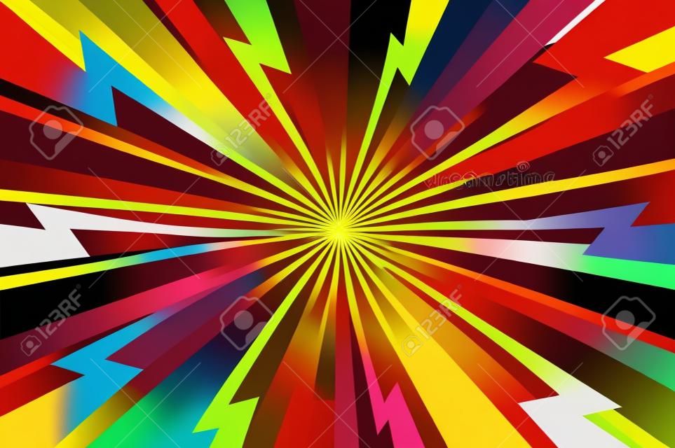Comic abstract bright background with yellow lightnings halftone red radial humor effects vector illustration