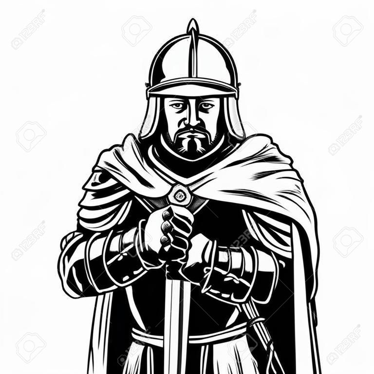 Vintage monochrome middeleeuwse krijger met zwaard dragen helm cape en metalen pantser geïsoleerde vector illustratie