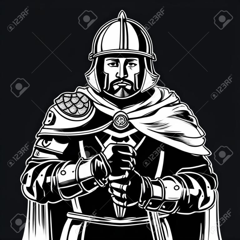 Vintage monochrome medieval warrior with sword wearing helmet cape and metal armor isolated vector illustration