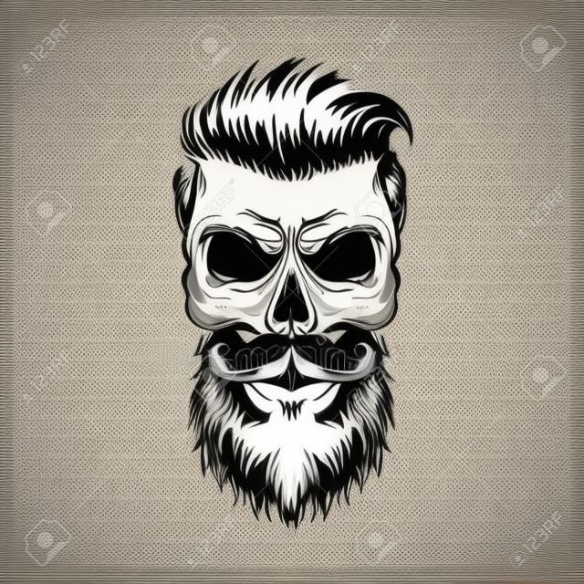 Crânio de hipster barbado e bigode com penteado moderno em ilustração vetorial isolada de estilo vintage monocromático