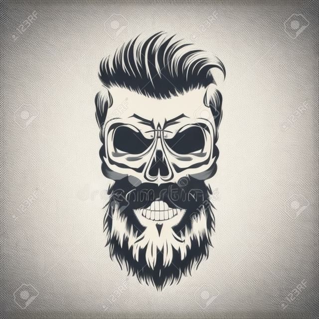 Crânio de hipster barbado e bigode com penteado moderno em ilustração vetorial isolada de estilo vintage monocromático