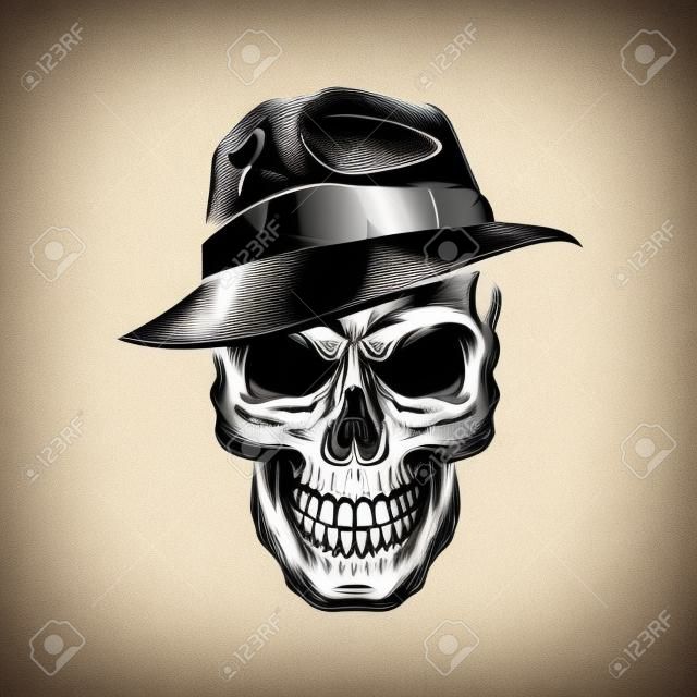Vintage monochrome gangster skull in hat isolated vector illustration
