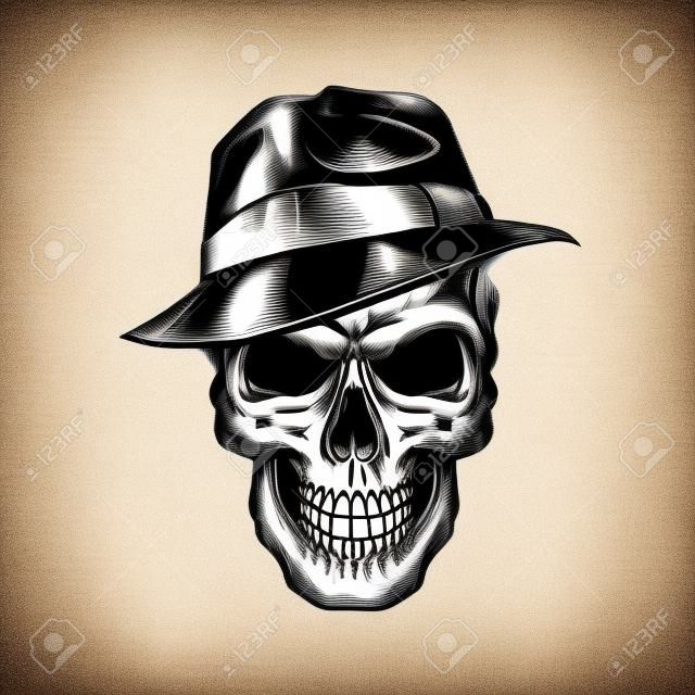 Vintage monochrome gangster skull in hat isolated vector illustration