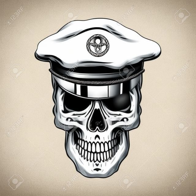 Cráneo de capitán de mar vintage en estilo monocromo aislado ilustración vectorial