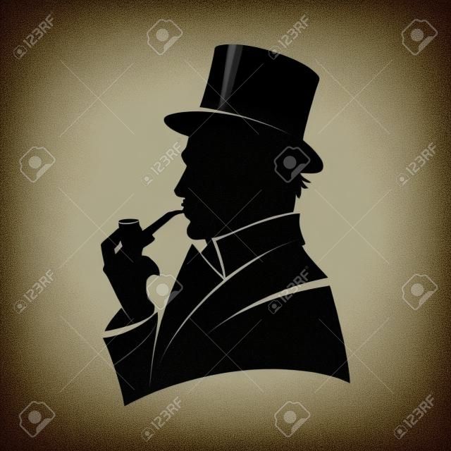 Silueta de caballero monocromo vintage en pipa de fumar de sombrero de copa aislado ilustración vectorial