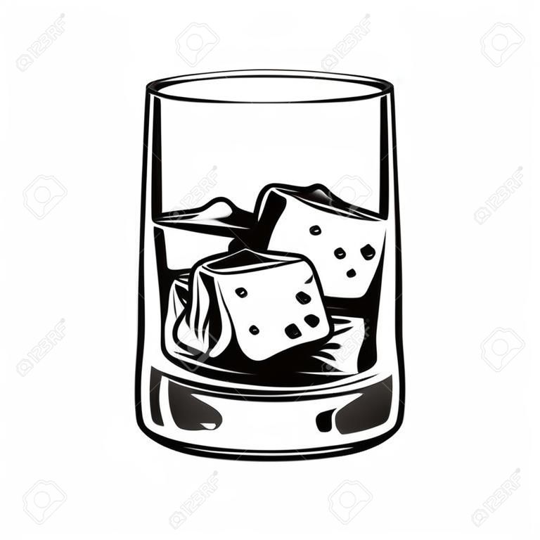 Vintage monochrome glass of whiskey with ice cubes isolated vector illustration