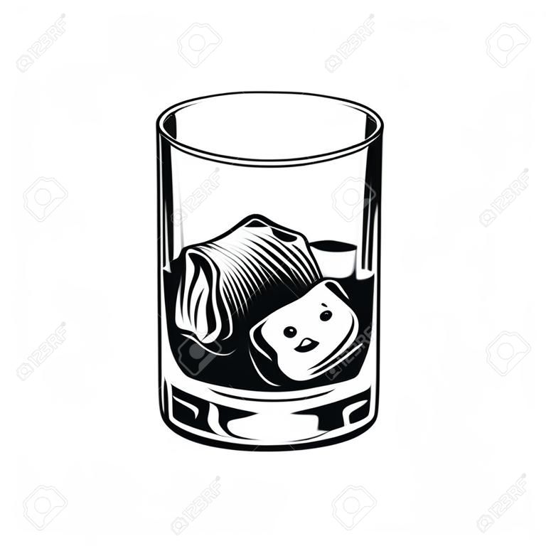 Vintage monochroom glas whisky met ijsblokjes geïsoleerde vector illustratie