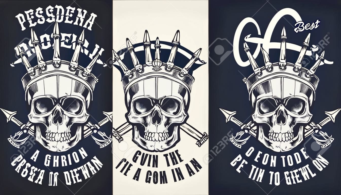 Vintage monochrome nautical label with skull in crown and crossed poseidon trident isolated vector illustration