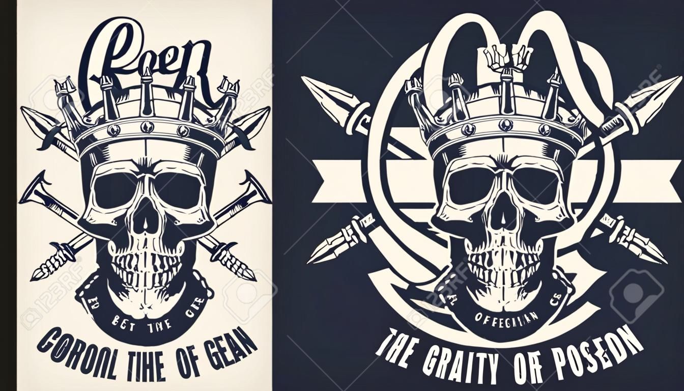 Vintage monochrome nautical label with skull in crown and crossed poseidon trident isolated vector illustration