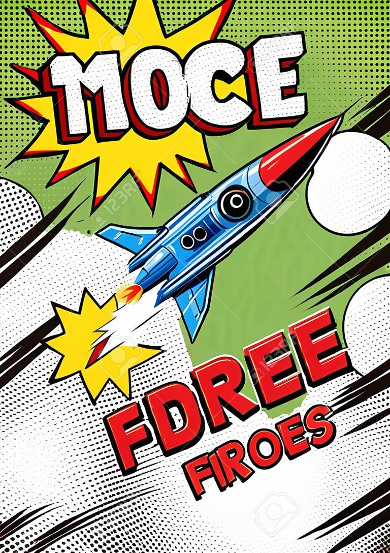 Helder stripboek cover concept met vliegende raket dynamische stralen halftoon effecten en inscripties vector illustratie