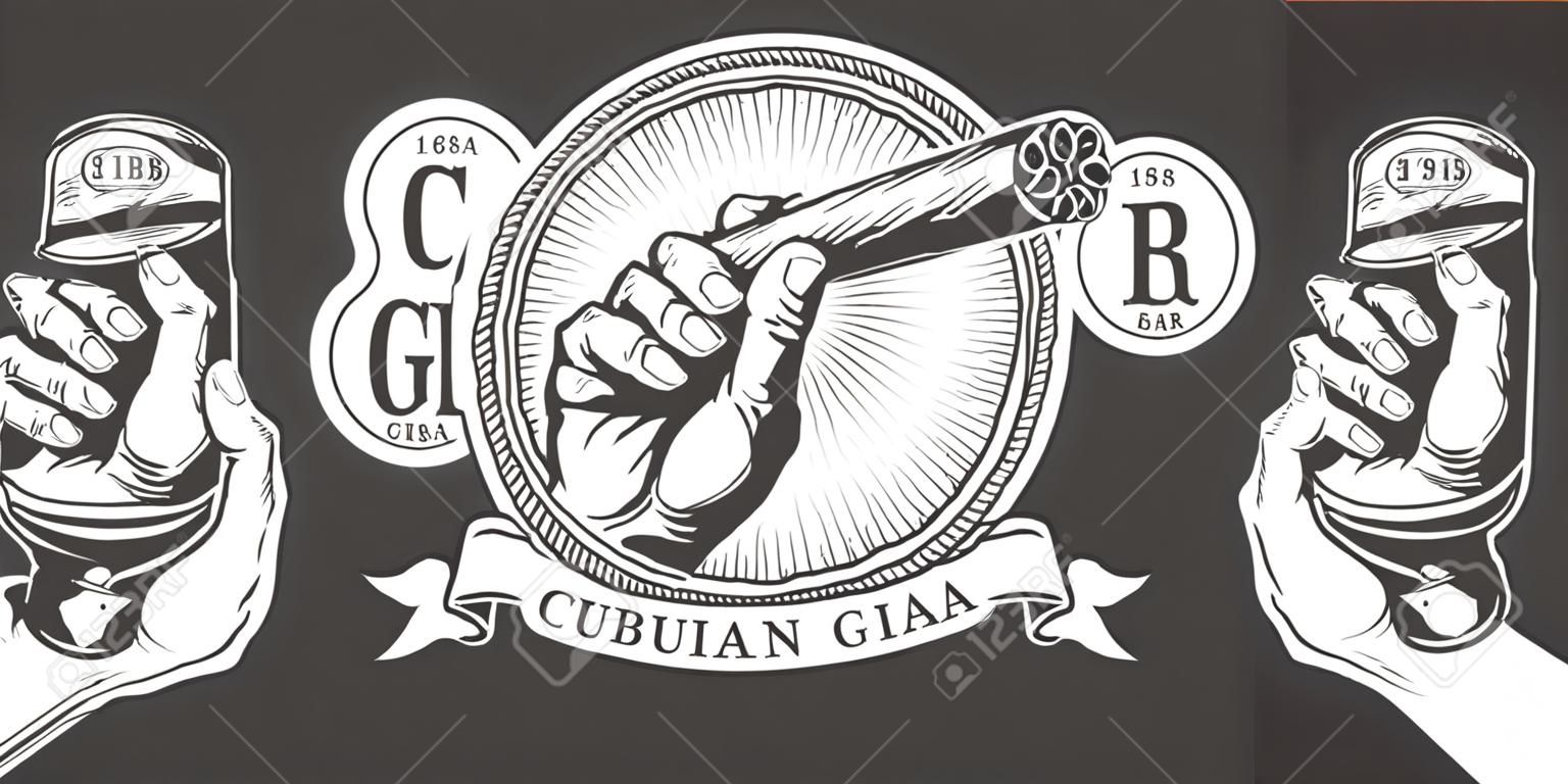 Étiquette de bar à cigares monochrome vintage avec main masculine tenant illustration vectorielle isolée de cigare cubain