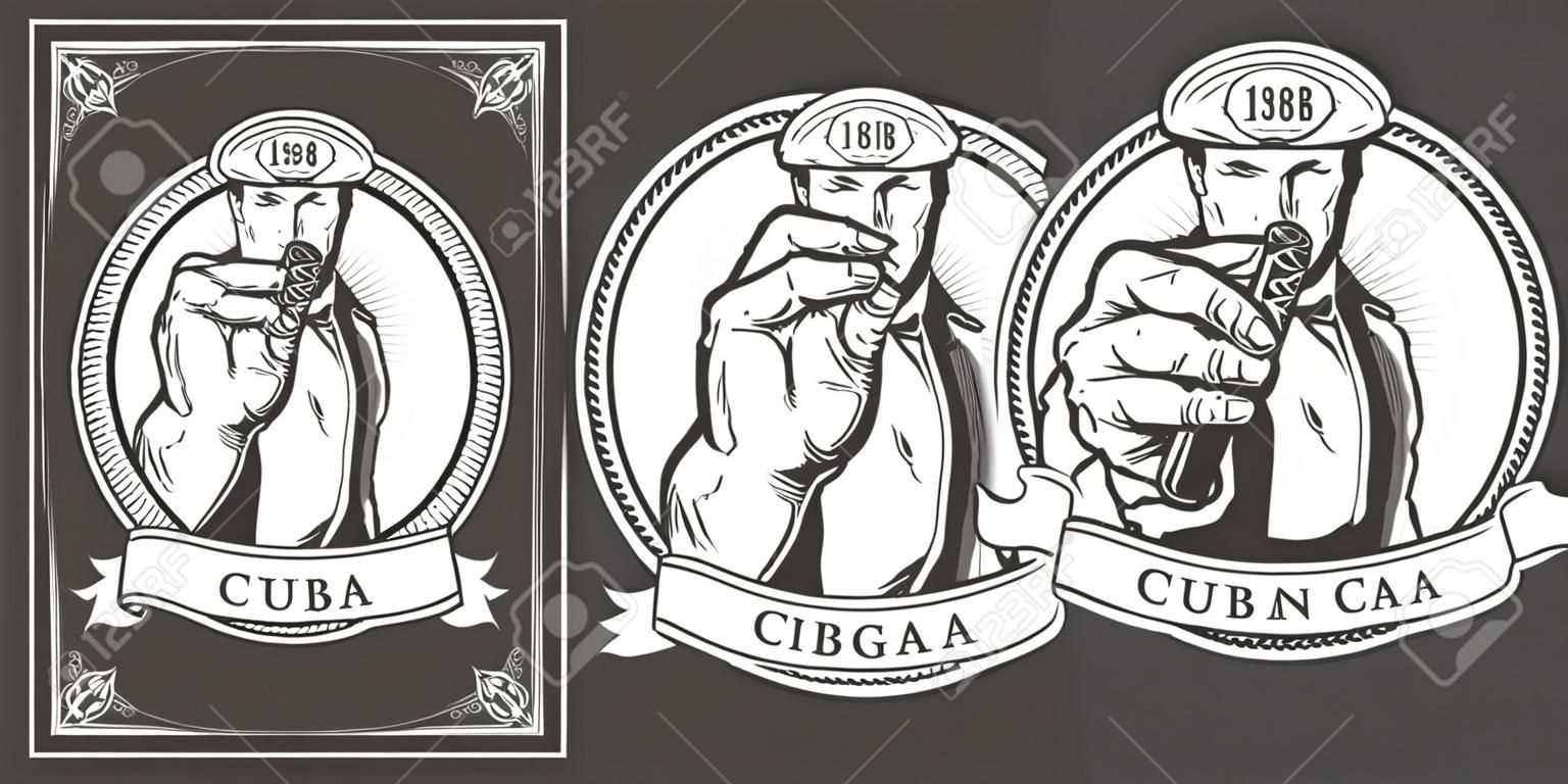 Etiqueta de barra de cigarros monocromática vintage con mano masculina sosteniendo cigarro cubano aislado ilustración vectorial