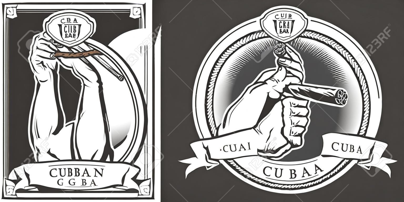 Etiqueta de barra de cigarros monocromática vintage con mano masculina sosteniendo cigarro cubano aislado ilustración vectorial