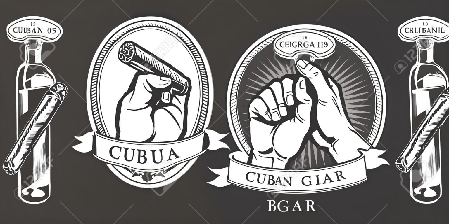 Vintage monochrome cigar bar label with male hand holding cuban cigar isolated vector illustration