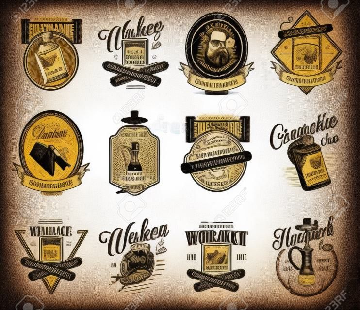 Etiquetas de club de caballeros vintage con puros cubanos cruzados paquete de cigarrillos vaso de pipa de agua de whisky en estilo monocromo aislado ilustración vectorial