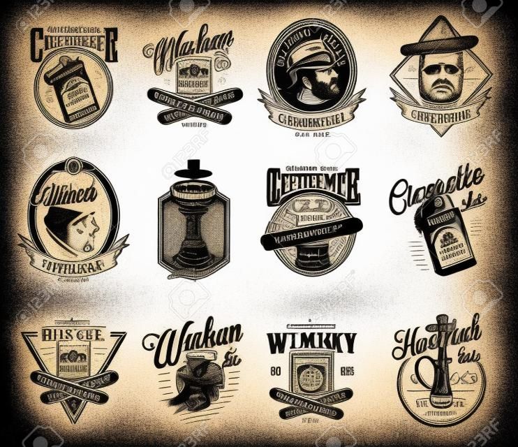 Vintage gentleman club labels set with crossed cuban cigars cigarette pack glass of whiskey hookah in monochrome style isolated vector illustration