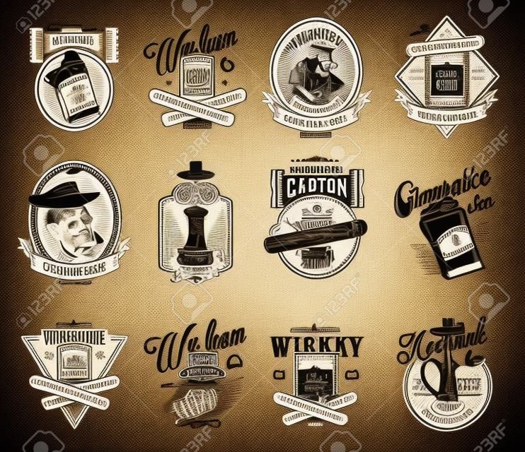 Vintage gentleman club labels set with crossed cuban cigars cigarette pack glass of whiskey hookah in monochrome style isolated vector illustration