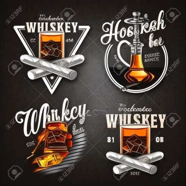 Vintage monochrome whiskey bar emblems with glass of whisky ice cubes crossed cigars and hookah isolated vector illustration