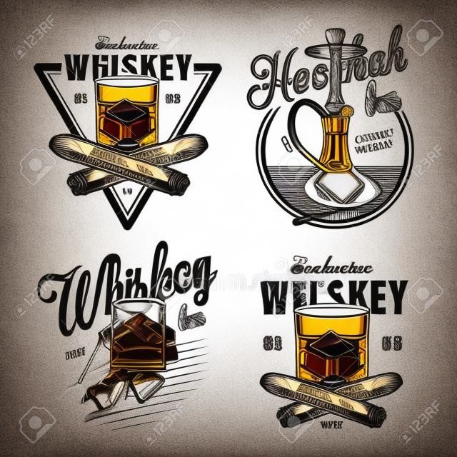 Vintage monochrome whiskey bar emblems with glass of whisky ice cubes crossed cigars and hookah isolated vector illustration